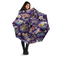 Hawaii Islands Map Design with Japanese Landscape Umbrella Hawaiian Japan Fusion Art Purple Color