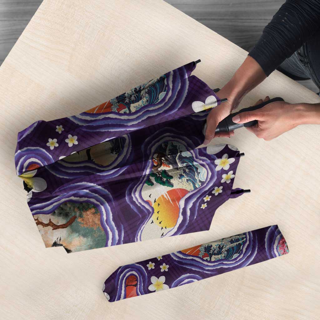 Hawaii Islands Map Design with Japanese Landscape Umbrella Hawaiian Japan Fusion Art Purple Color