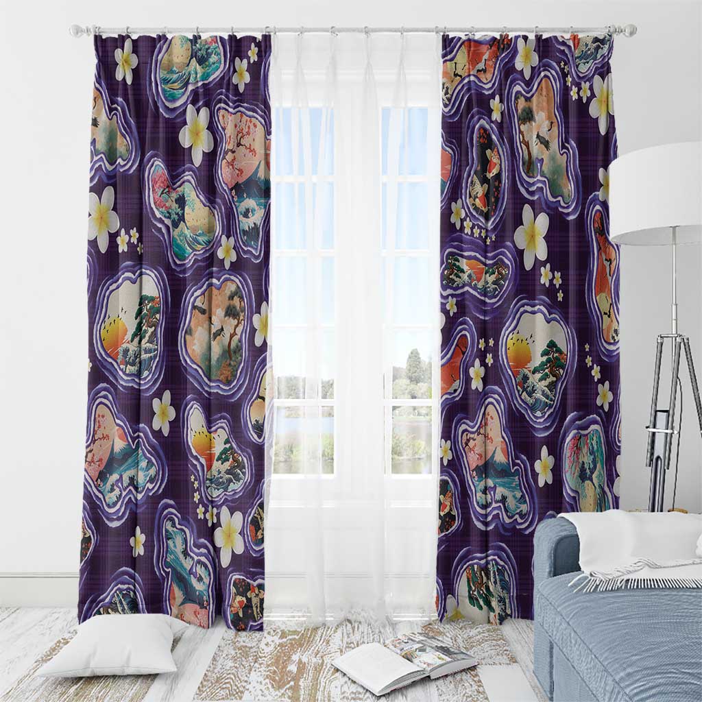 Hawaii Islands Map Design with Japanese Landscape Window Curtain Hawaiian Japan Fusion Art Purple Color