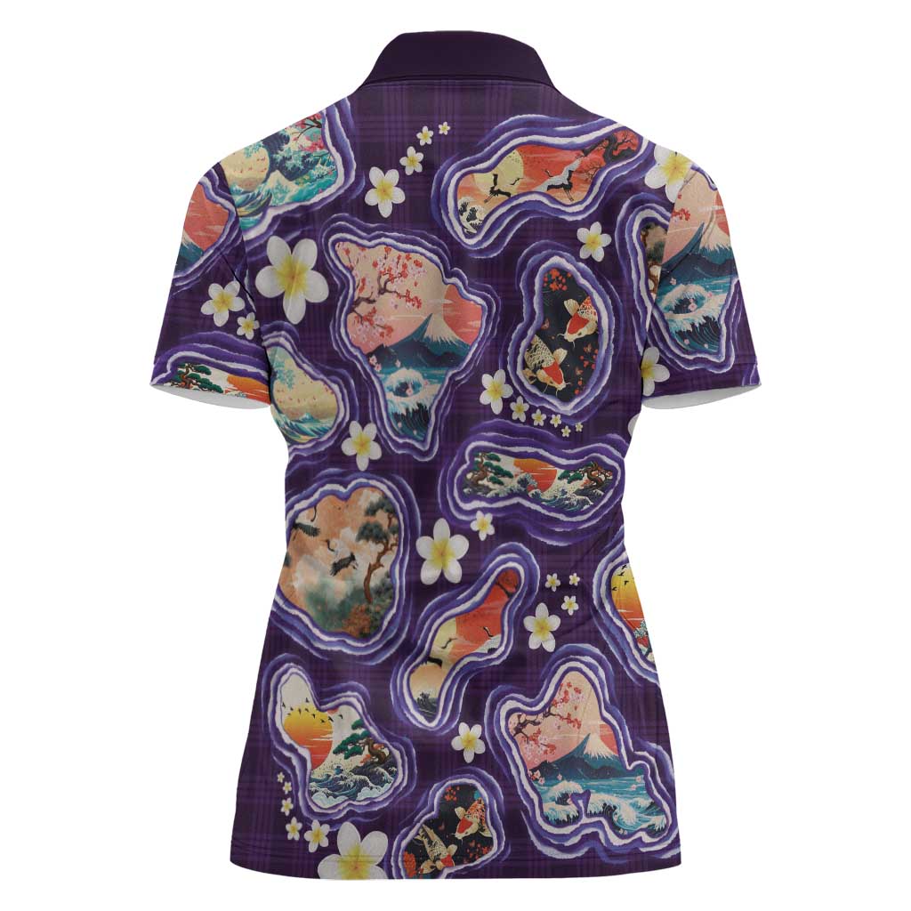 Hawaii Islands Map Design with Japanese Landscape Women Polo Shirt Hawaiian Japan Fusion Art Purple Color LT03 - Polynesian Pride