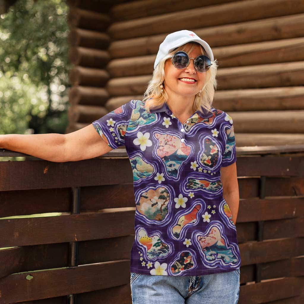 Hawaii Islands Map Design with Japanese Landscape Women Polo Shirt Hawaiian Japan Fusion Art Purple Color LT03 - Polynesian Pride