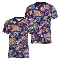 Hawaii Islands Map Design with Japanese Landscape Women V-Neck T-Shirt Hawaiian Japan Fusion Art Purple Color