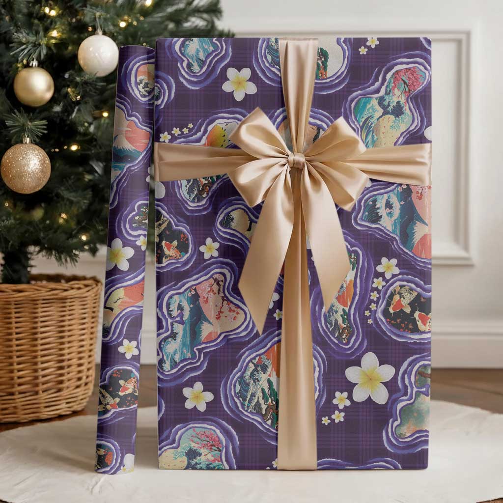 Hawaii Islands Map Design with Japanese Landscape Wrapping Paper Hawaiian Japan Fusion Art Purple Color