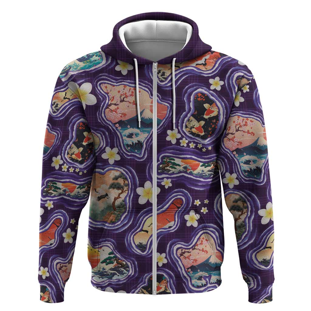 Hawaii Islands Map Design with Japanese Landscape Zip Hoodie Hawaiian Japan Fusion Art Purple Color LT03 Zip Hoodie Purple - Polynesian Pride