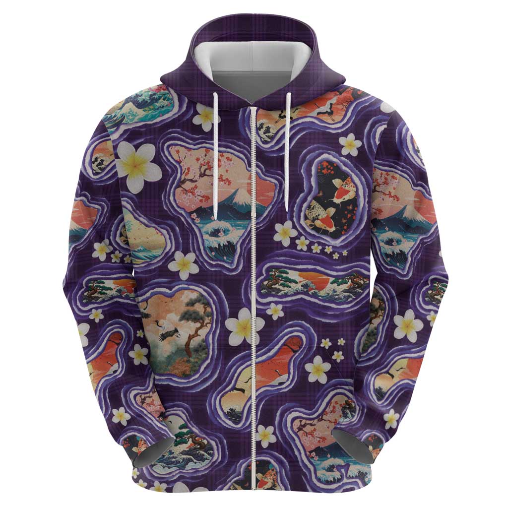 Hawaii Islands Map Design with Japanese Landscape Zip Hoodie Hawaiian Japan Fusion Art Purple Color LT03 - Polynesian Pride
