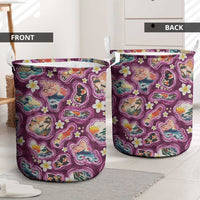 Hawaii Islands Map Design with Japanese Landscape Laundry Basket Hawaiian Japan Fusion Art Pink Color