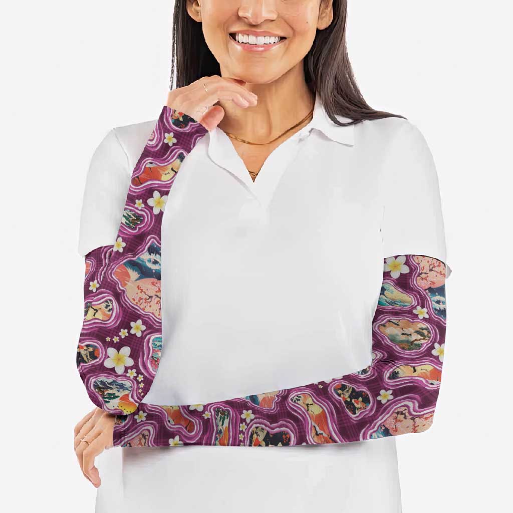 Hawaii Islands Map Design with Japanese Landscape Arm Sleeves Hawaiian Japan Fusion Art Pink Color