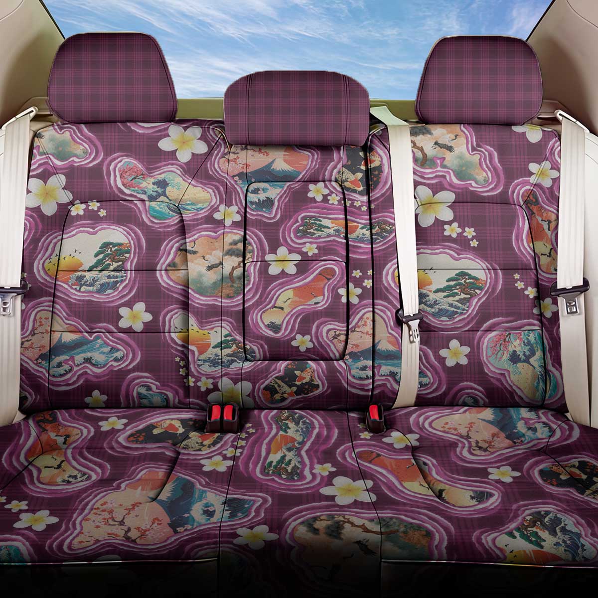 Hawaii Islands Map Design with Japanese Landscape Back Car Seat Cover Hawaiian Japan Fusion Art Pink Color LT03 One Size Pink - Polynesian Pride