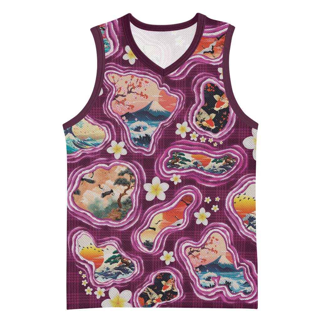 Hawaii Islands Map Design with Japanese Landscape Basketball Jersey Hawaiian Japan Fusion Art Pink Color LT03 Unisex Pink - Polynesian Pride