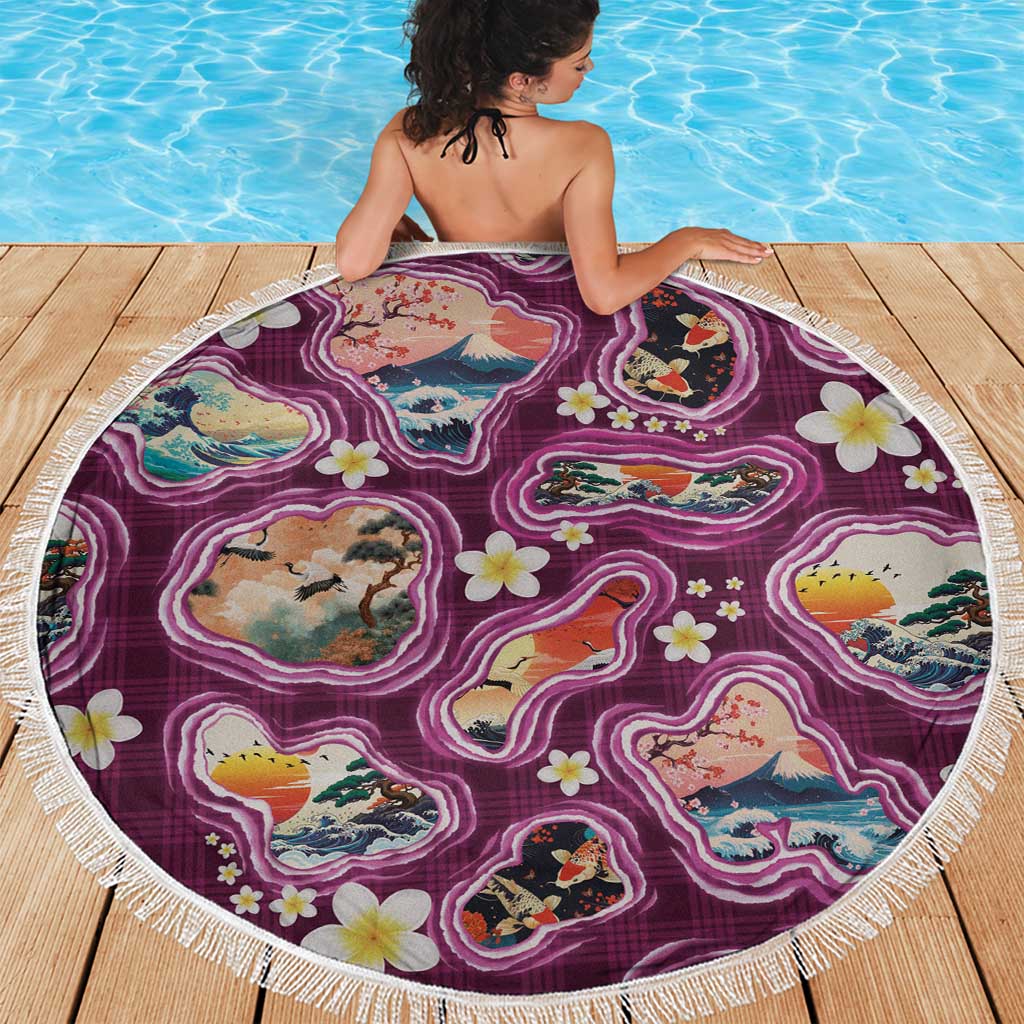 Hawaii Islands Map Design with Japanese Landscape Beach Blanket Hawaiian Japan Fusion Art Pink Color
