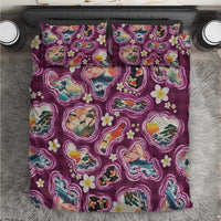 Hawaii Islands Map Design with Japanese Landscape Bedding Set Hawaiian Japan Fusion Art Pink Color