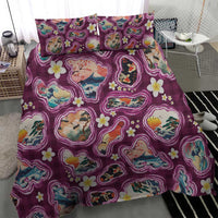 Hawaii Islands Map Design with Japanese Landscape Bedding Set Hawaiian Japan Fusion Art Pink Color