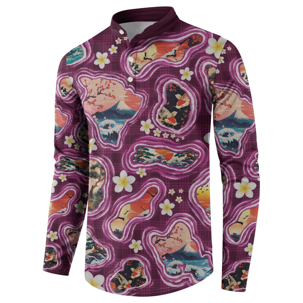 Hawaii Islands Map Design with Japanese Landscape Button Sweatshirt Hawaiian Japan Fusion Art Pink Color
