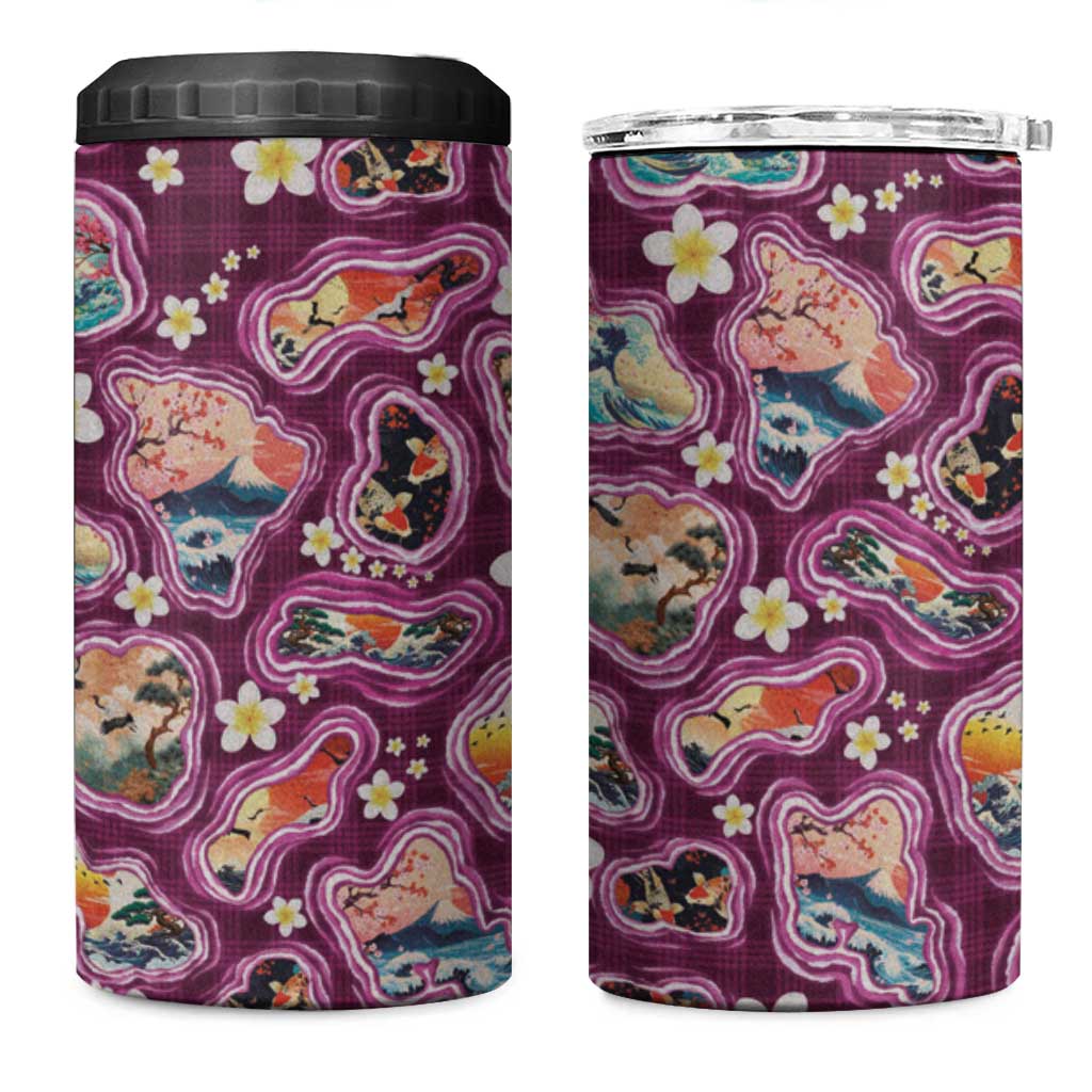Hawaii Islands Map Design with Japanese Landscape 4 in 1 Can Cooler Tumbler Hawaiian Japan Fusion Art Pink Color