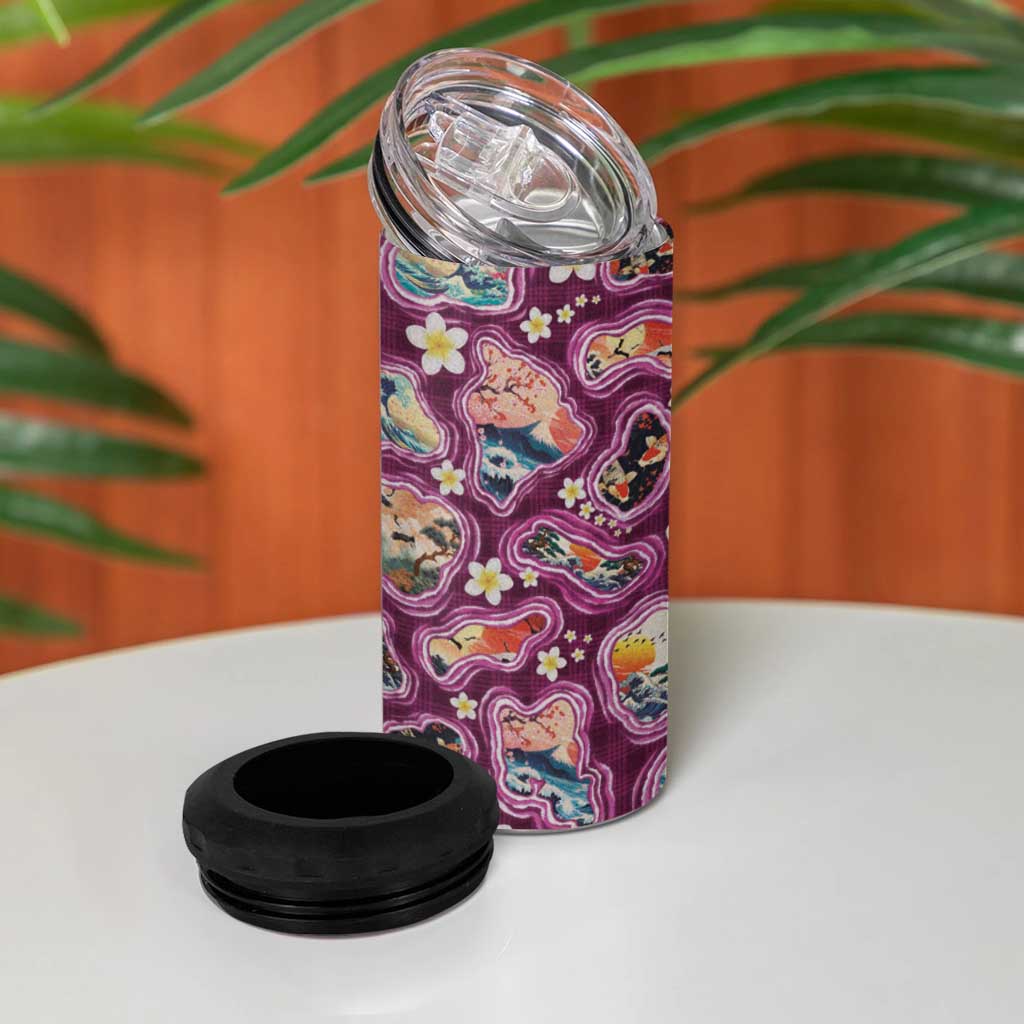Hawaii Islands Map Design with Japanese Landscape 4 in 1 Can Cooler Tumbler Hawaiian Japan Fusion Art Pink Color LT03 - Polynesian Pride