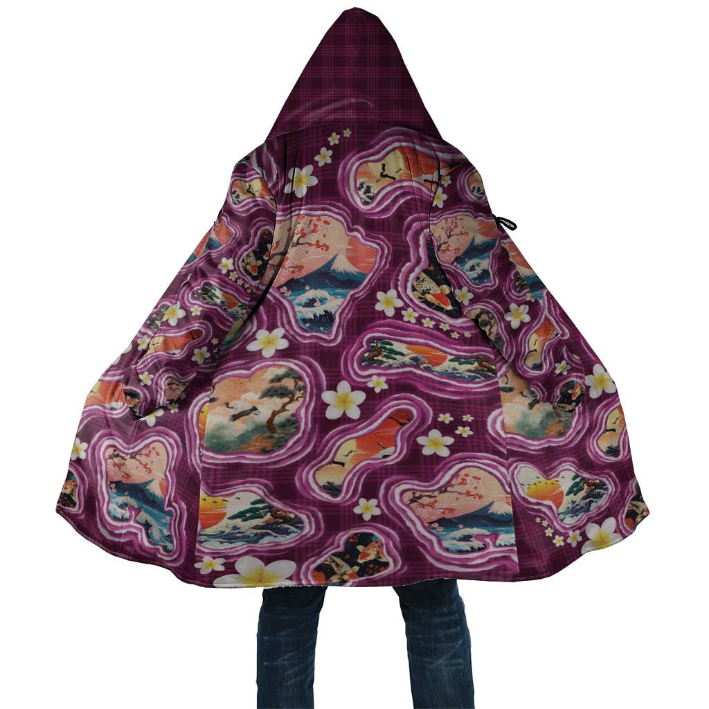 Hawaii Islands Map Design with Japanese Landscape Cloak Hawaiian Japan Fusion Art Pink Color