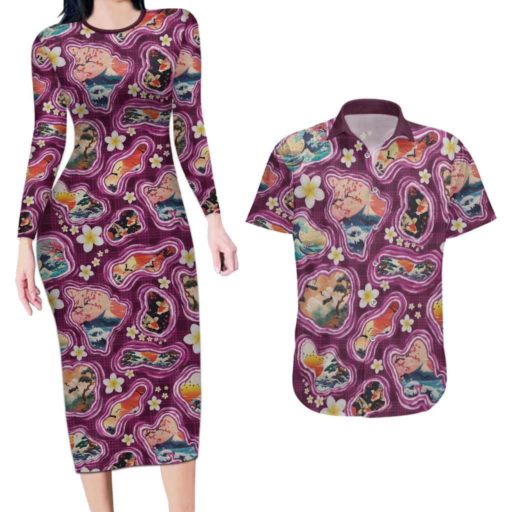 Hawaii Islands Map Design with Japanese Landscape Couples Matching Long Sleeve Bodycon Dress and Hawaiian Shirt Hawaiian Japan Fusion Art Pink Color LT03 Pink - Polynesian Pride