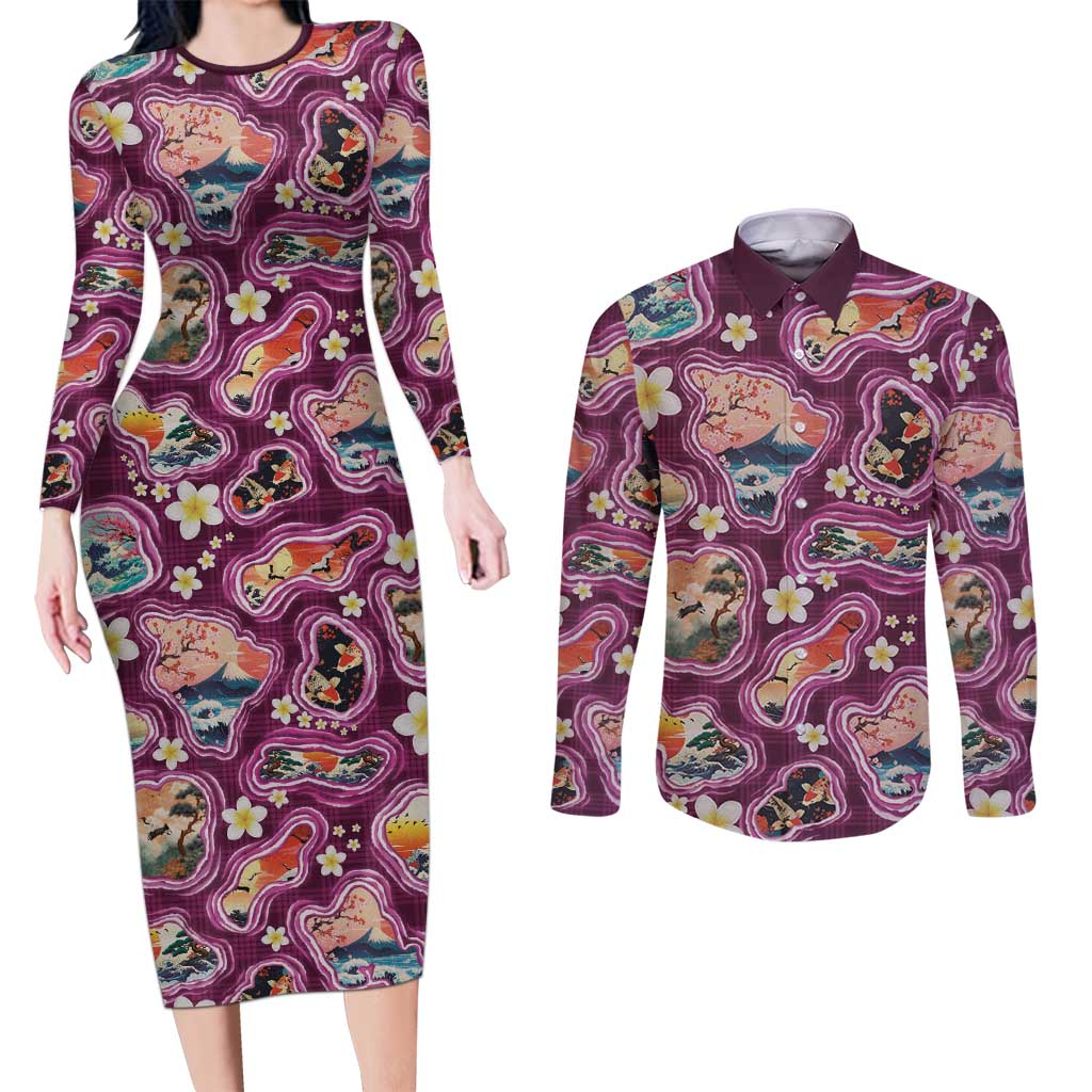 Hawaii Islands Map Design with Japanese Landscape Couples Matching Long Sleeve Bodycon Dress and Long Sleeve Button Shirt Hawaiian Japan Fusion Art Pink Color