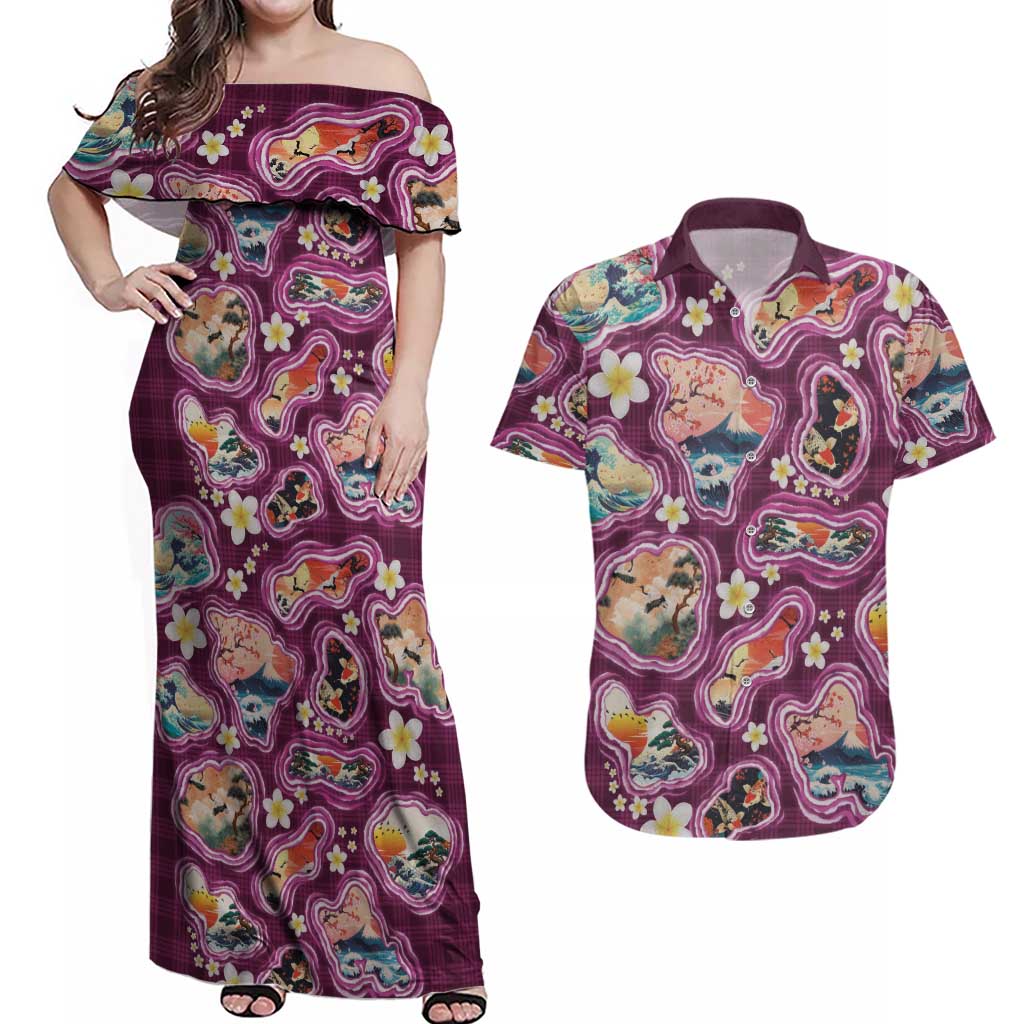 Hawaii Islands Map Design with Japanese Landscape Couples Matching Off Shoulder Maxi Dress and Hawaiian Shirt Hawaiian Japan Fusion Art Pink Color LT03 Pink - Polynesian Pride