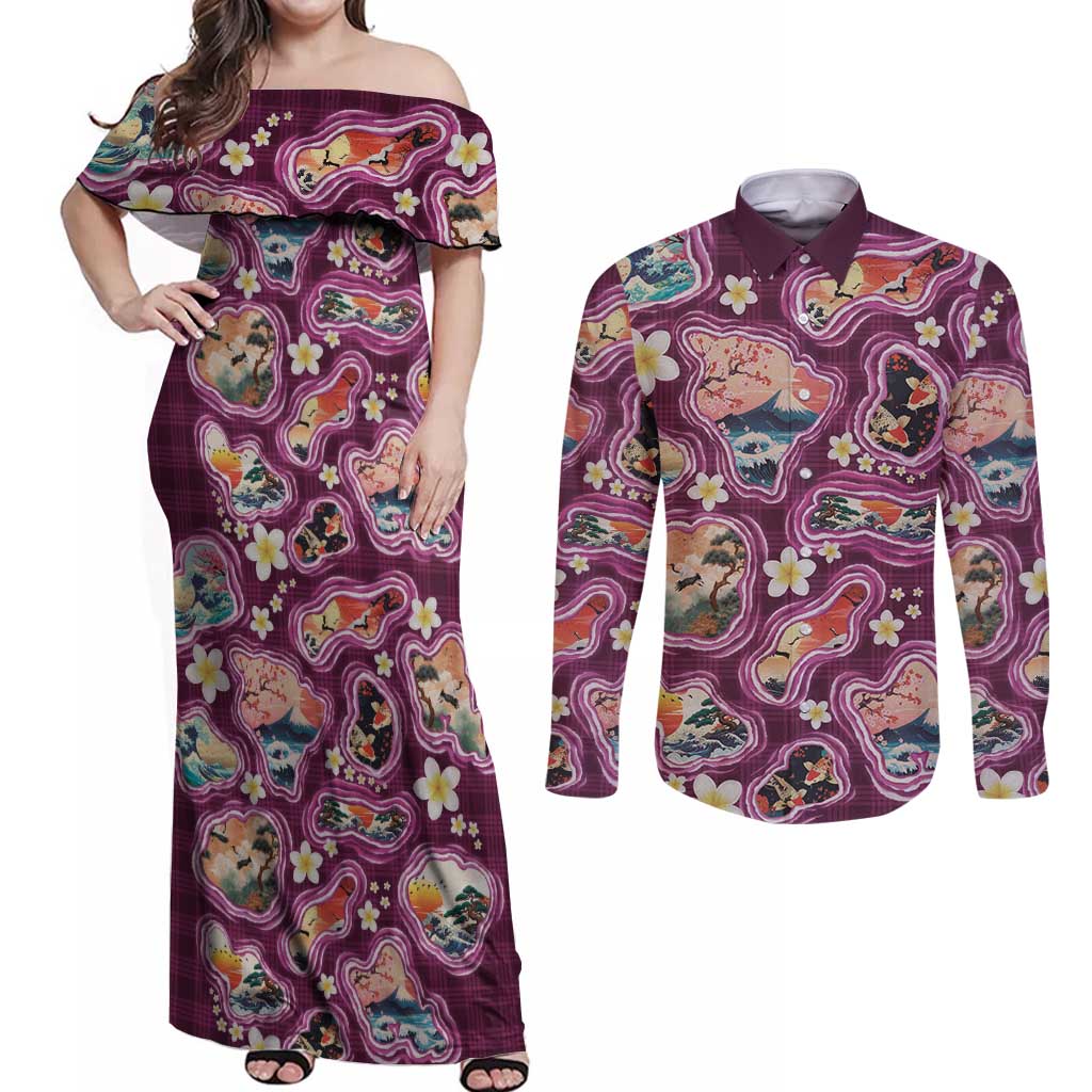 Hawaii Islands Map Design with Japanese Landscape Couples Matching Off Shoulder Maxi Dress and Long Sleeve Button Shirt Hawaiian Japan Fusion Art Pink Color