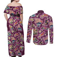 Hawaii Islands Map Design with Japanese Landscape Couples Matching Off Shoulder Maxi Dress and Long Sleeve Button Shirt Hawaiian Japan Fusion Art Pink Color LT03 - Polynesian Pride
