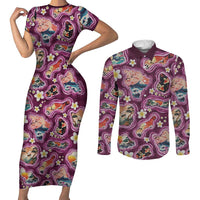 Hawaii Islands Map Design with Japanese Landscape Couples Matching Short Sleeve Bodycon Dress and Long Sleeve Button Shirt Hawaiian Japan Fusion Art Pink Color LT03 Pink - Polynesian Pride