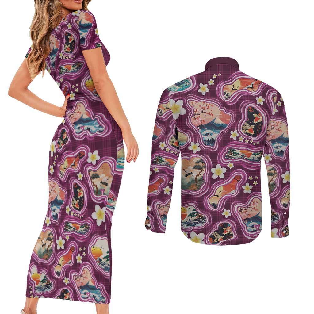 Hawaii Islands Map Design with Japanese Landscape Couples Matching Short Sleeve Bodycon Dress and Long Sleeve Button Shirt Hawaiian Japan Fusion Art Pink Color LT03 - Polynesian Pride