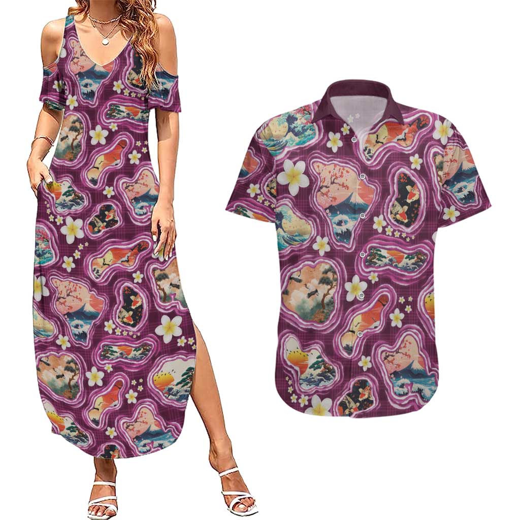 Hawaii Islands Map Design with Japanese Landscape Couples Matching Summer Maxi Dress and Hawaiian Shirt Hawaiian Japan Fusion Art Pink Color