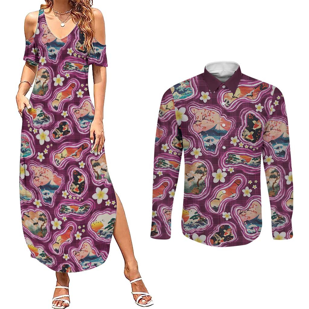 Hawaii Islands Map Design with Japanese Landscape Couples Matching Summer Maxi Dress and Long Sleeve Button Shirt Hawaiian Japan Fusion Art Pink Color
