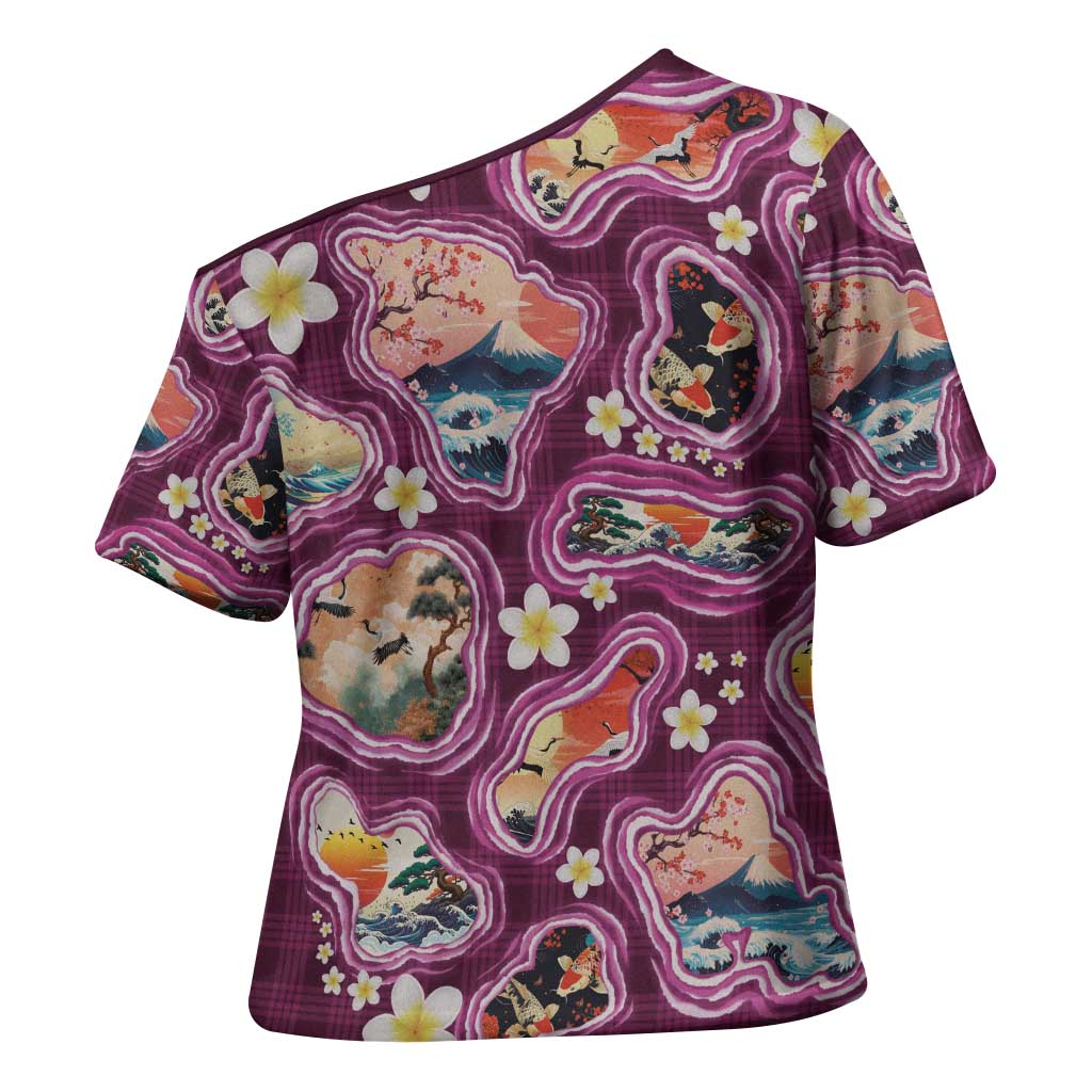 Hawaii Islands Map Design with Japanese Landscape Cross Shoulder Shirt Hawaiian Japan Fusion Art Pink Color LT03 - Polynesian Pride