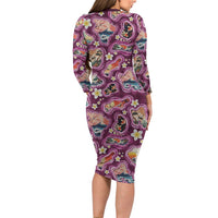 Hawaii Islands Map Design with Japanese Landscape Family Matching Long Sleeve Bodycon Dress and Hawaiian Shirt Hawaiian Japan Fusion Art Pink Color LT03 - Polynesian Pride