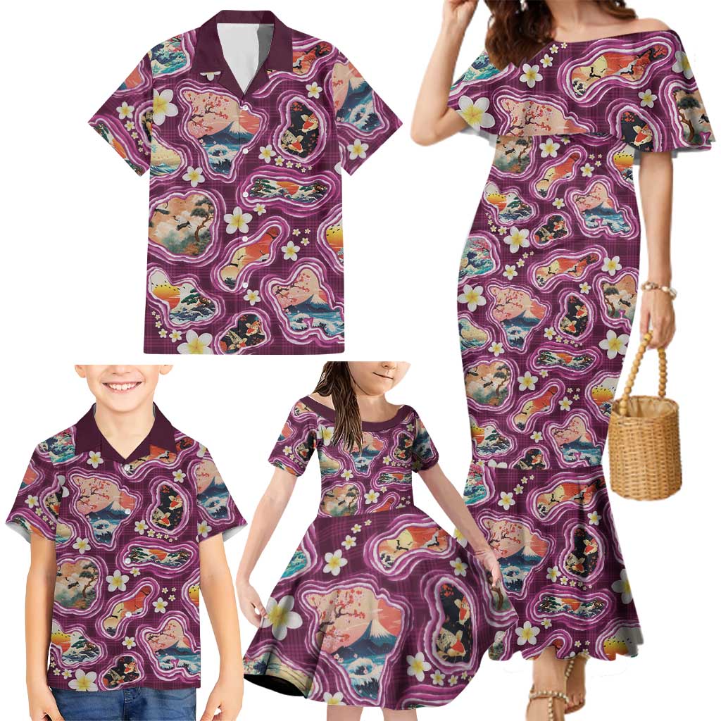 Hawaii Islands Map Design with Japanese Landscape Family Matching Mermaid Dress and Hawaiian Shirt Hawaiian Japan Fusion Art Pink Color