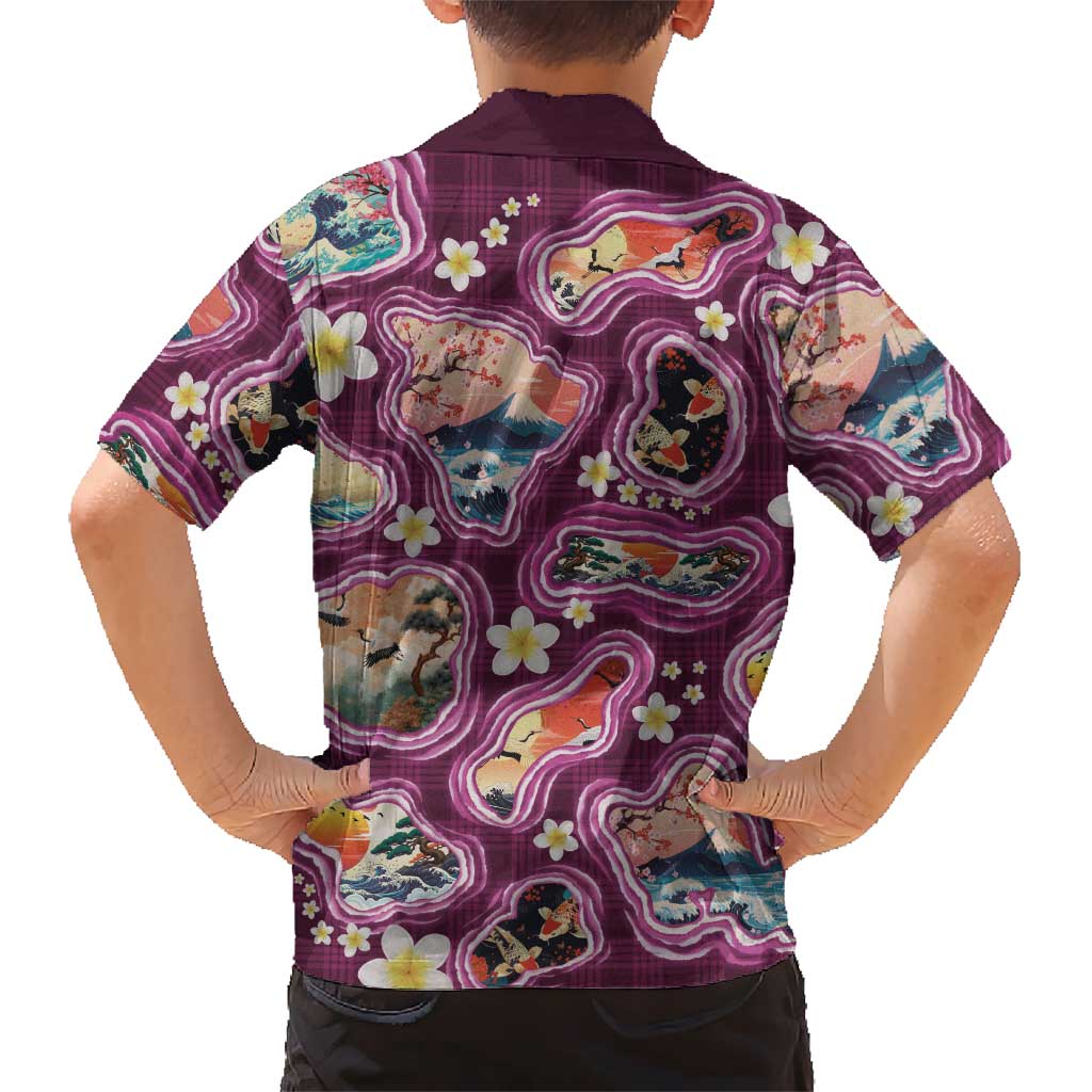 Hawaii Islands Map Design with Japanese Landscape Family Matching Off The Shoulder Long Sleeve Dress and Hawaiian Shirt Hawaiian Japan Fusion Art Pink Color LT03 - Polynesian Pride