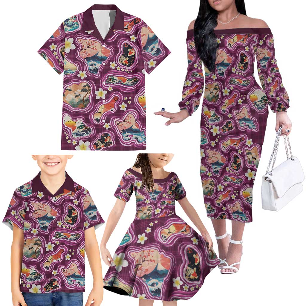 Hawaii Islands Map Design with Japanese Landscape Family Matching Off The Shoulder Long Sleeve Dress and Hawaiian Shirt Hawaiian Japan Fusion Art Pink Color LT03 - Polynesian Pride