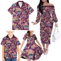 Hawaii Islands Map Design with Japanese Landscape Family Matching Off The Shoulder Long Sleeve Dress and Hawaiian Shirt Hawaiian Japan Fusion Art Pink Color LT03 - Polynesian Pride