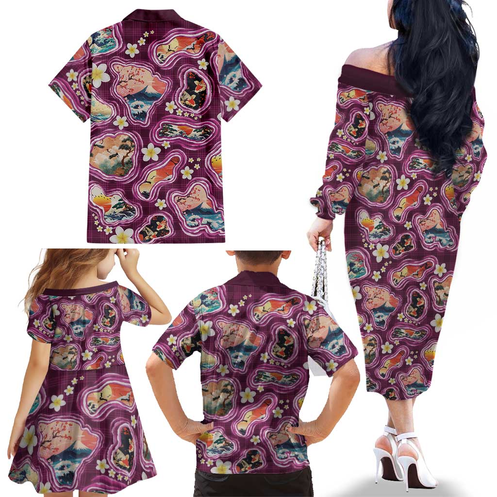 Hawaii Islands Map Design with Japanese Landscape Family Matching Off The Shoulder Long Sleeve Dress and Hawaiian Shirt Hawaiian Japan Fusion Art Pink Color LT03 - Polynesian Pride