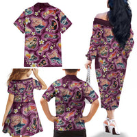 Hawaii Islands Map Design with Japanese Landscape Family Matching Off The Shoulder Long Sleeve Dress and Hawaiian Shirt Hawaiian Japan Fusion Art Pink Color LT03 - Polynesian Pride