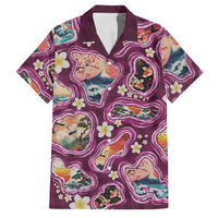 Hawaii Islands Map Design with Japanese Landscape Family Matching Off The Shoulder Long Sleeve Dress and Hawaiian Shirt Hawaiian Japan Fusion Art Pink Color LT03 Dad's Shirt - Short Sleeve Pink - Polynesian Pride