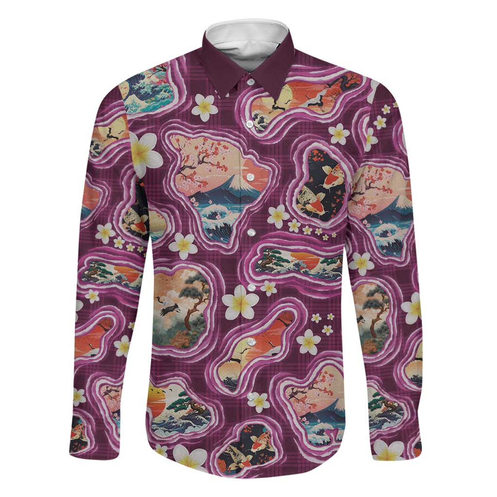 Hawaii Islands Map Design with Japanese Landscape Family Matching Off The Shoulder Long Sleeve Dress and Hawaiian Shirt Hawaiian Japan Fusion Art Pink Color LT03 Dad's Shirt - Long Sleeve Pink - Polynesian Pride