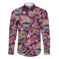 Hawaii Islands Map Design with Japanese Landscape Family Matching Off The Shoulder Long Sleeve Dress and Hawaiian Shirt Hawaiian Japan Fusion Art Pink Color LT03 Dad's Shirt - Long Sleeve Pink - Polynesian Pride