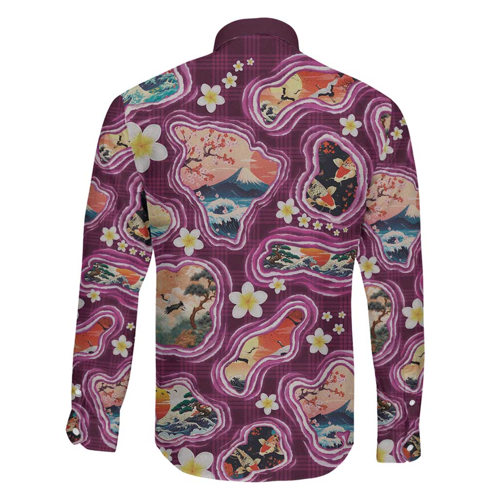 Hawaii Islands Map Design with Japanese Landscape Family Matching Off The Shoulder Long Sleeve Dress and Hawaiian Shirt Hawaiian Japan Fusion Art Pink Color LT03 - Polynesian Pride
