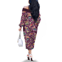 Hawaii Islands Map Design with Japanese Landscape Family Matching Off The Shoulder Long Sleeve Dress and Hawaiian Shirt Hawaiian Japan Fusion Art Pink Color LT03 - Polynesian Pride