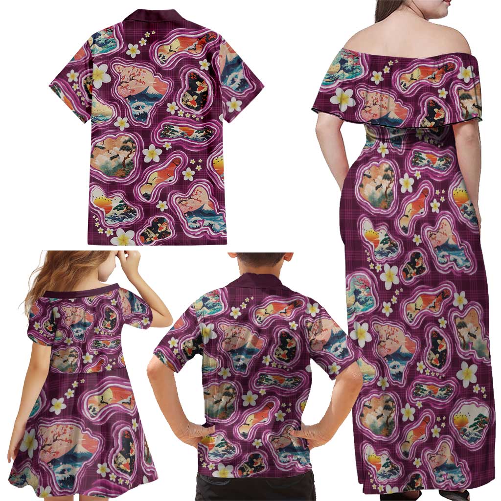 Hawaii Islands Map Design with Japanese Landscape Family Matching Off Shoulder Maxi Dress and Hawaiian Shirt Hawaiian Japan Fusion Art Pink Color LT03 - Polynesian Pride