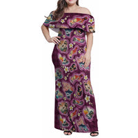 Hawaii Islands Map Design with Japanese Landscape Family Matching Off Shoulder Maxi Dress and Hawaiian Shirt Hawaiian Japan Fusion Art Pink Color LT03 Mom's Dress Pink - Polynesian Pride