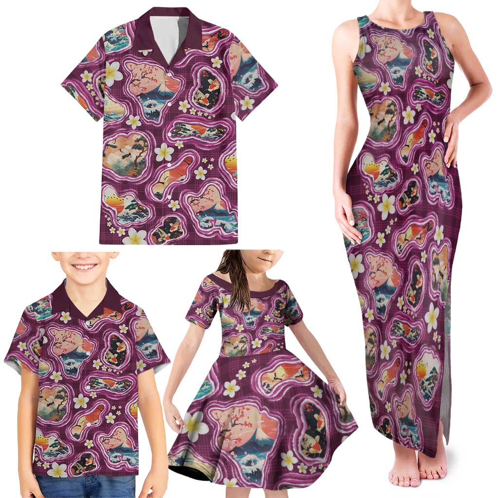 Hawaii Islands Map Design with Japanese Landscape Family Matching Tank Maxi Dress and Hawaiian Shirt Hawaiian Japan Fusion Art Pink Color LT03 - Polynesian Pride