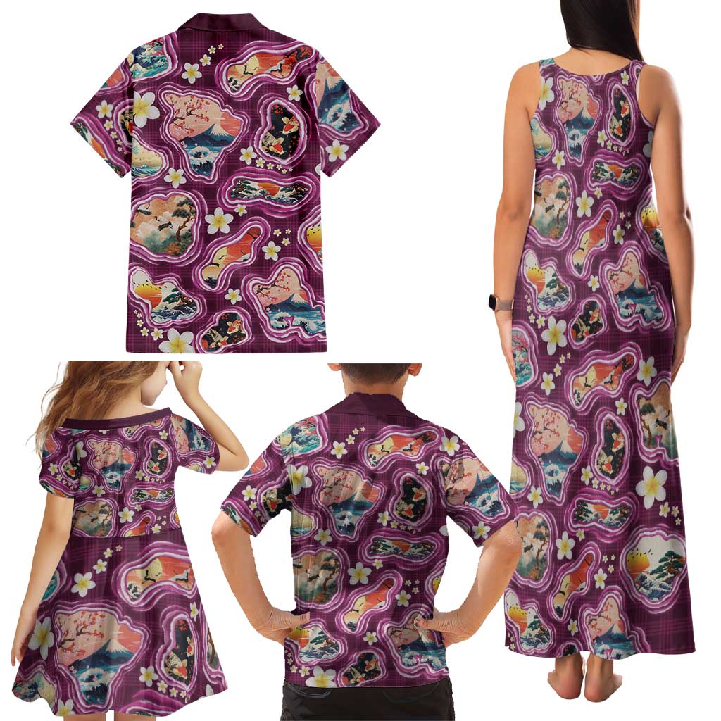 Hawaii Islands Map Design with Japanese Landscape Family Matching Tank Maxi Dress and Hawaiian Shirt Hawaiian Japan Fusion Art Pink Color LT03 - Polynesian Pride