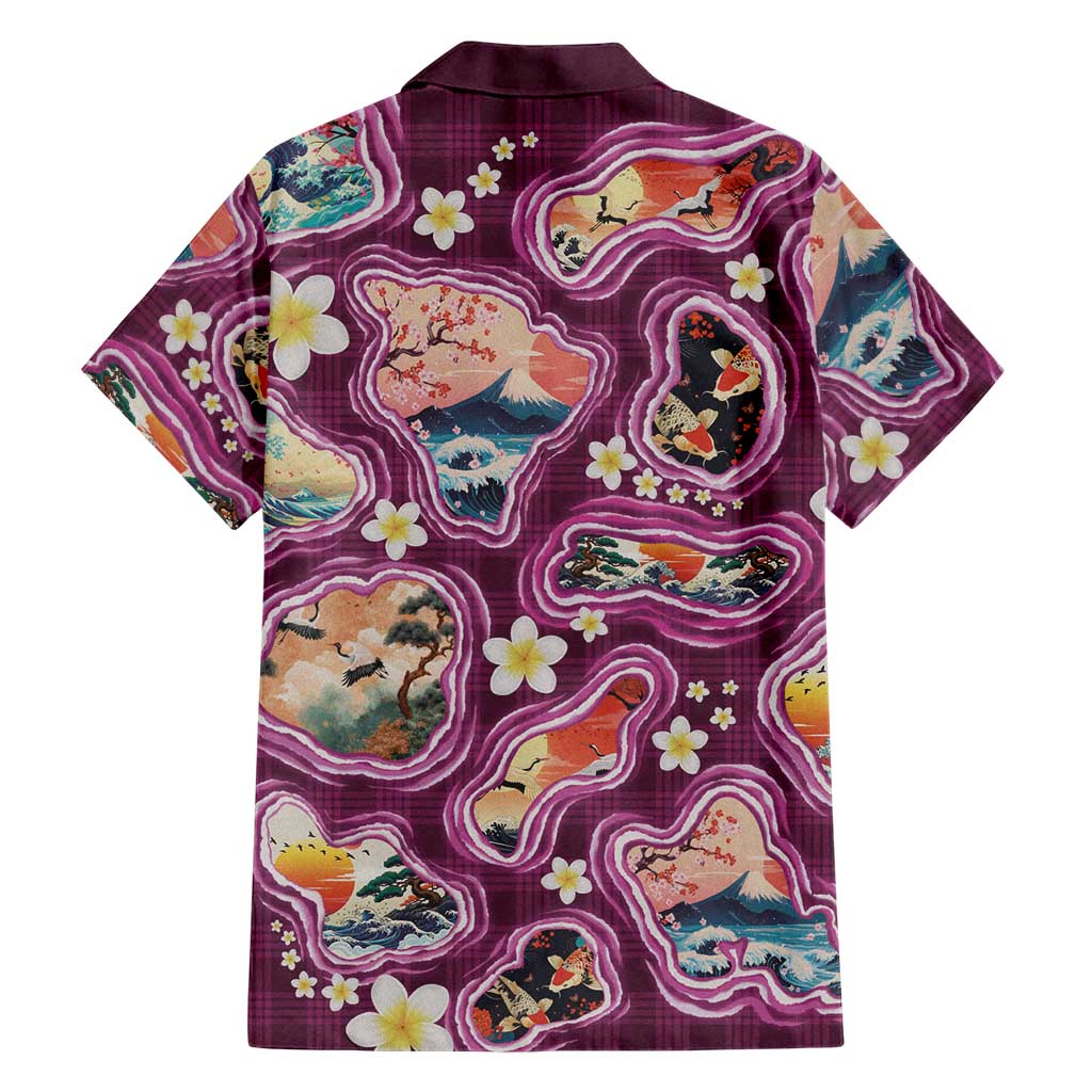 Hawaii Islands Map Design with Japanese Landscape Family Matching Tank Maxi Dress and Hawaiian Shirt Hawaiian Japan Fusion Art Pink Color LT03 - Polynesian Pride