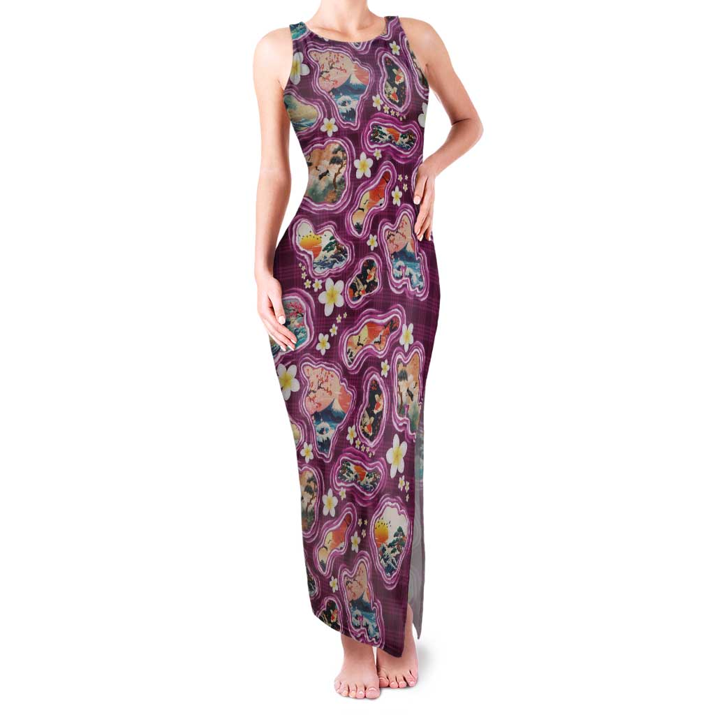 Hawaii Islands Map Design with Japanese Landscape Family Matching Tank Maxi Dress and Hawaiian Shirt Hawaiian Japan Fusion Art Pink Color LT03 Mom's Dress Pink - Polynesian Pride