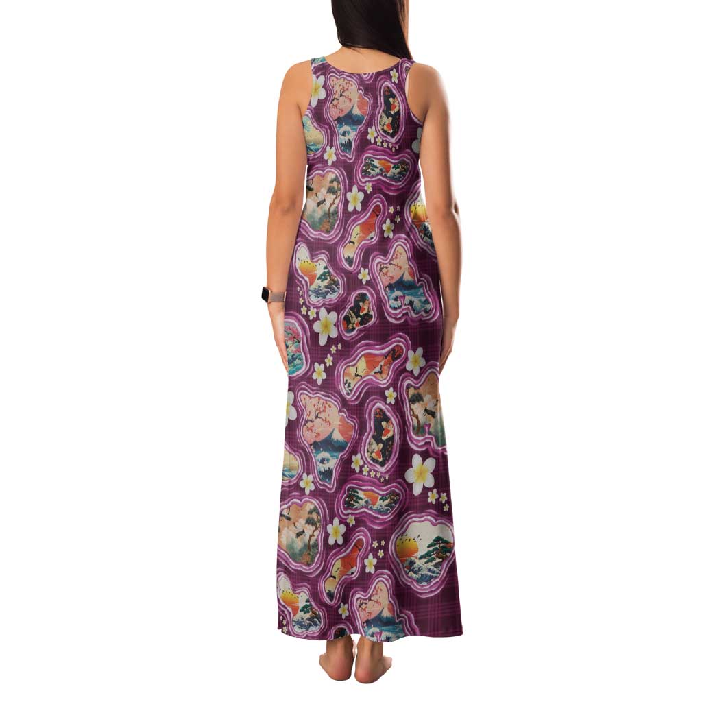 Hawaii Islands Map Design with Japanese Landscape Family Matching Tank Maxi Dress and Hawaiian Shirt Hawaiian Japan Fusion Art Pink Color LT03 - Polynesian Pride
