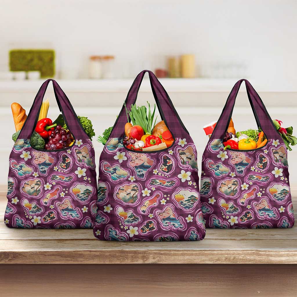 Hawaii Islands Map Design with Japanese Landscape Grocery Bag Hawaiian Japan Fusion Art Pink Color